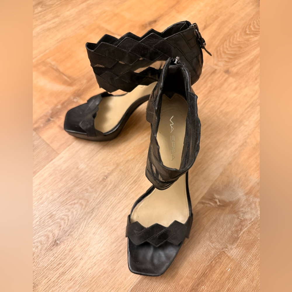 Via Spiga Black Woven Ankle-Strap High Heel Sandals - Picture 2 of 2
